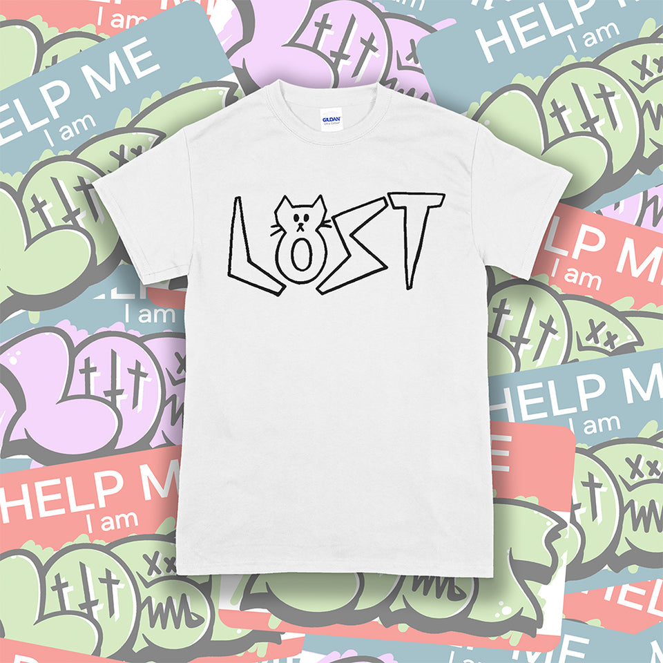 Charlottes Black Cat Letters. Hand drawn design of cat shaped letters. Drawn by my daughter Charlotte, and printed with black ink on a white cotton shirt. Lots of cool stickers in the background. 