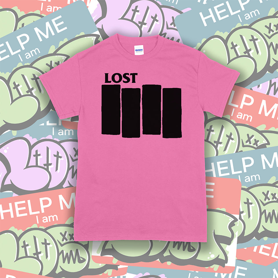 The Lost Flag t-shirt by lost streetwear. A bold and iconic Black logo screen printed on an azalea pink shirt. The background is a collection of colorful graffiti stickers.