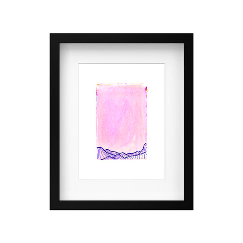 A 9x12 pink and blue abstract painting by Christopher Reilly displayed in a minimalist black wood composite frame with a mat and real glass window. Ready to hang wall decor.