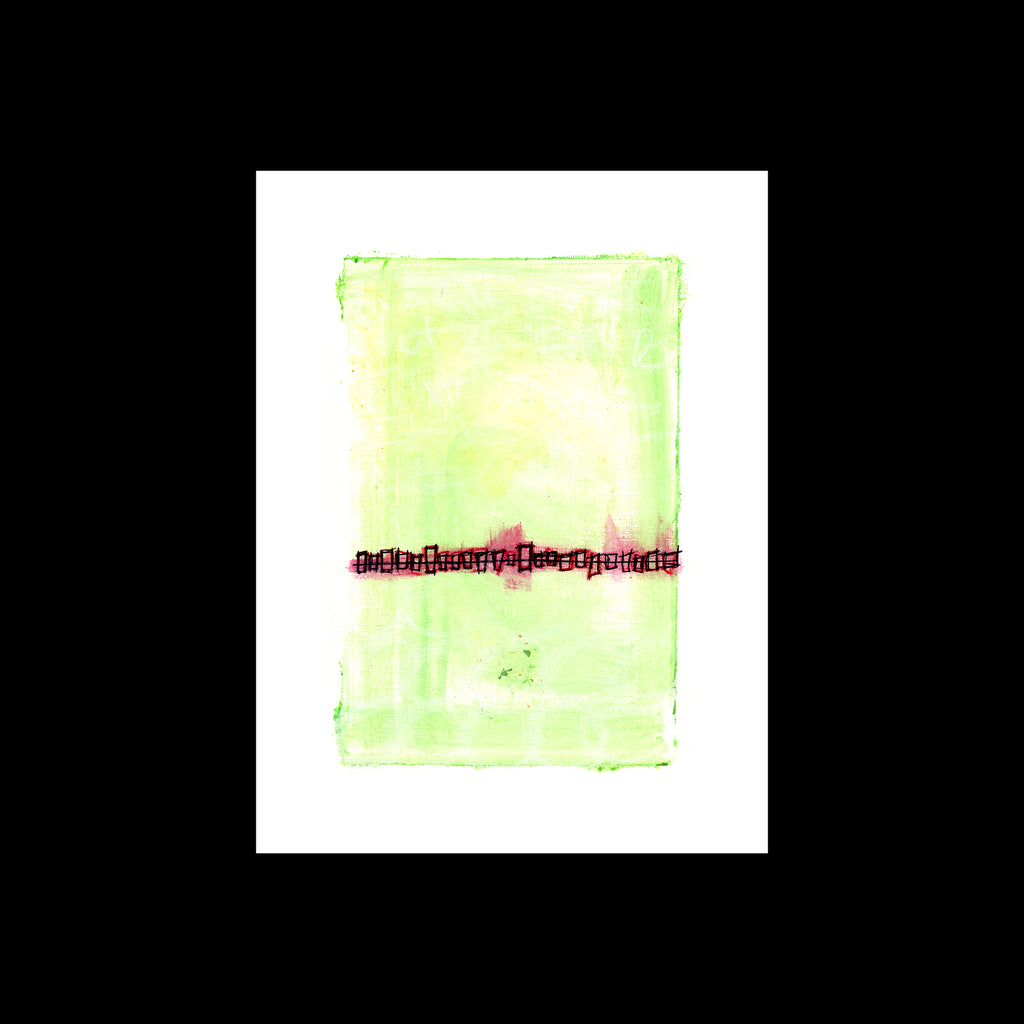 An original 9x12-inch abstract painting titled Painting 065 by Christopher Reilly, featuring a luminous wash of light lime green and soft yellow split horizontally by a sharp black ink box-grid line with underlying magenta accents, presented on a white paper margin over a black background.