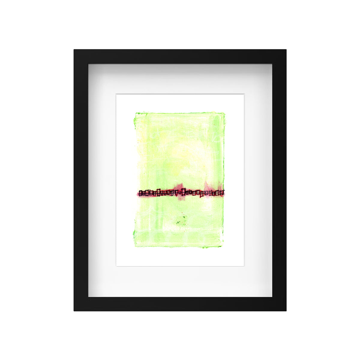 A product mockup showing Ontario artist Christopher Reilly's original mixed-media abstract artwork, Painting 065, styled inside a modern black frame with a crisp white mat board to accent the minimalist lime green and magenta composition.