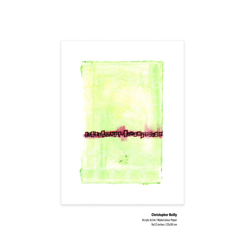 An abstract art print by Christopher Rully featuring a textured light green watercolor rectangle with a horizontal dark red brushstroke across the center, displayed on a clean white background with artist text below.