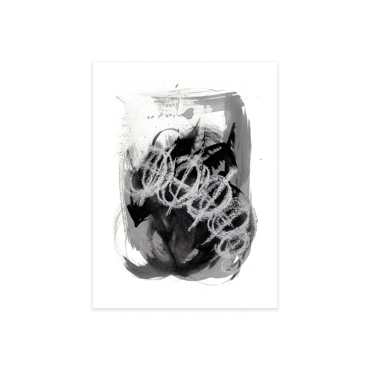 A high-resolution product shot of Painting 071 by St. Catharines Ontario artist Christopher Reilly on white watercolor paper, highlighting the rough dimensional plaster texture under the black acrylic washes and the heavy, continuous loop of white chalky pastel strokes across the center.