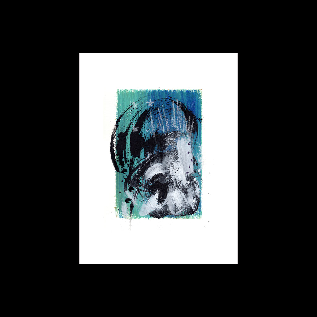 An original 9x12-inch abstract painting titled Painting 093 by prolific Canadian artist Christopher Reilly, featuring a textured background of teal and blue split by a large, sweeping swath of heavy black paint detailed with white scribbled lines and tiny white star patterns, set on a white paper sheet over a black backdrop.