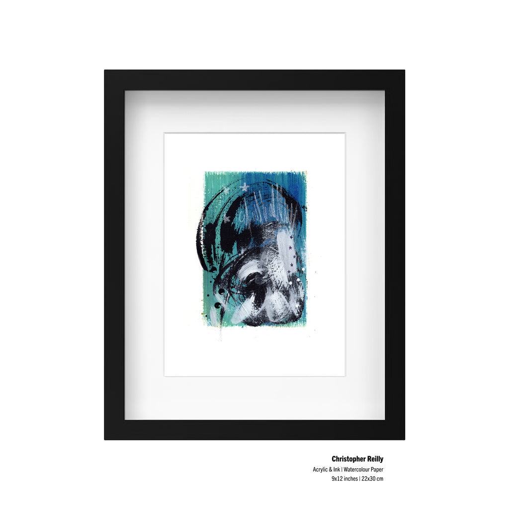A framed presentation mockup of Painting 093 by Christopher Reilly, including an artist specification label in the bottom right corner reading: Christopher Reilly, Acrylic & Ink | Watercolour Paper, 9x12 inches | 22x30 cm.