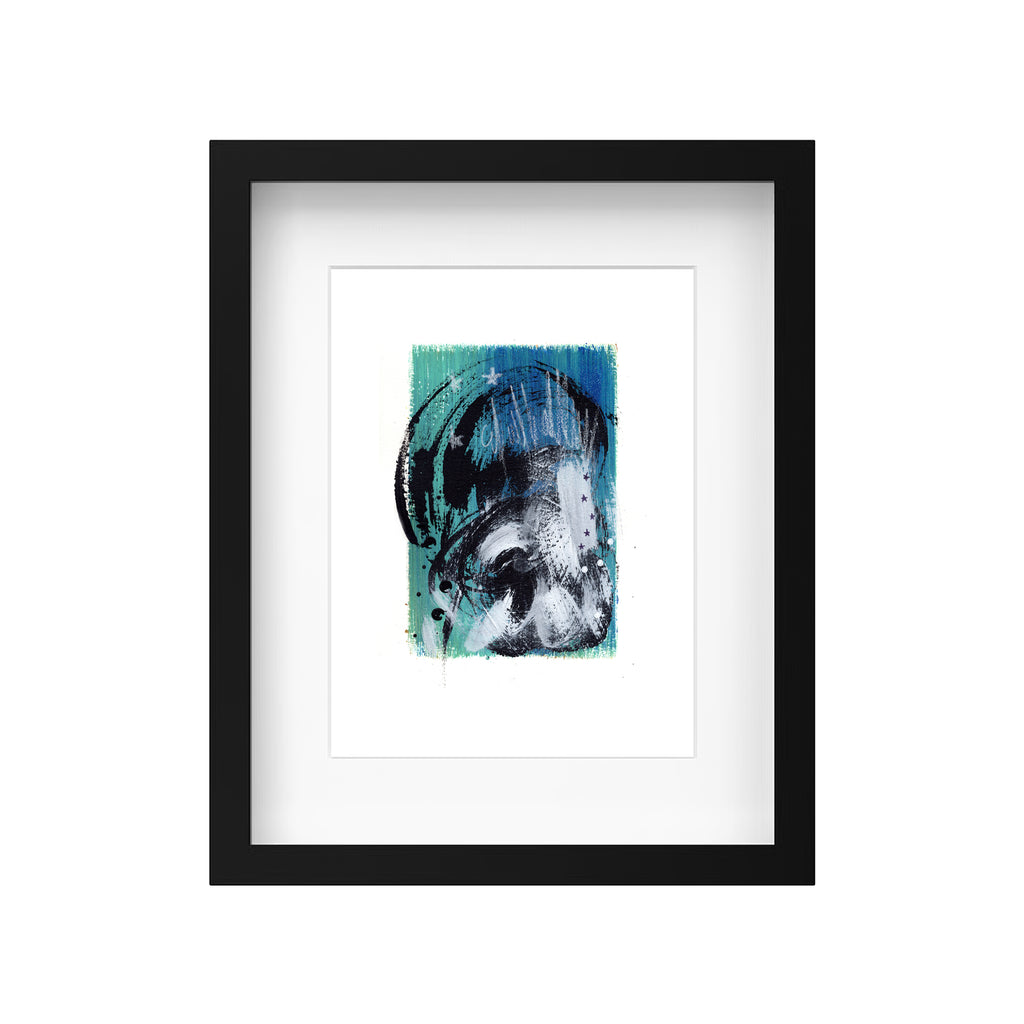 A product mockup showing Canadian artist Christopher Reilly's original mixed-media abstract artwork, Painting 093, styled inside a modern black frame with a crisp white mat board to highlight the deep teal, blue, and black cosmic composition.