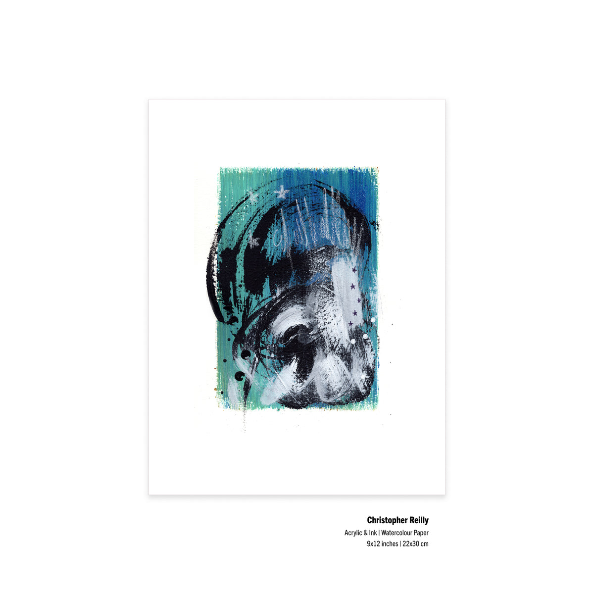 An unframed flat-lay view of the original artwork Painting 093 by Canadian artist Christopher Reilly on textured paper, displaying neat metadata labels at the bottom right corner outlining the 9x12 inch dimensions and materials.