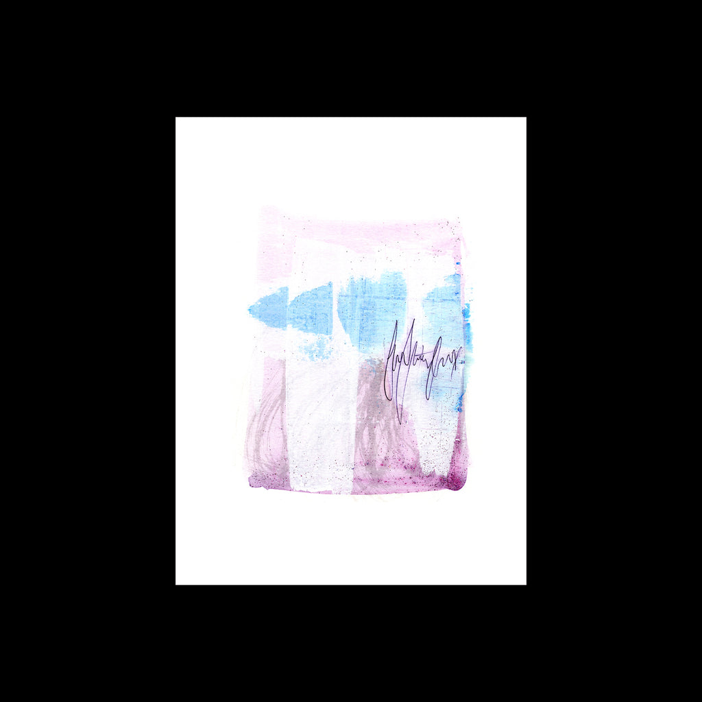 An original 9x12-inch abstract painting titled Painting 122 by Christopher Reilly, featuring a soft background field of pastel pink and lavender paint blocks layered with sky blue triangles and a dense scribble of dark purple ink line loops on the right side, set against white paper margins over a black background.