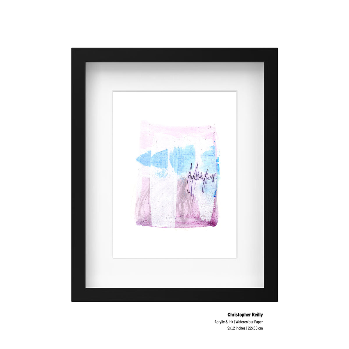 A framed presentation mockup of Painting 122 by Christopher Reilly, including an artist specification label in the bottom right corner reading: Christopher Reilly, Acrylic & Ink | Watercolour Paper, 9x12 inches | 22x30 cm.