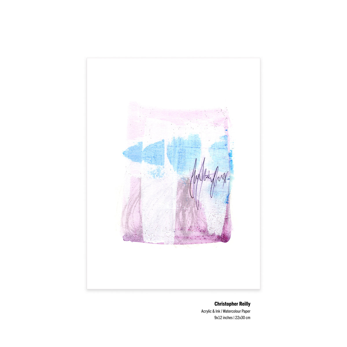 An unframed view of the original artwork Painting 122 by Canadian artist Christopher Reilly on textured paper, displaying neat metadata labels at the bottom right corner outlining the 9x12 inch dimensions and materials.