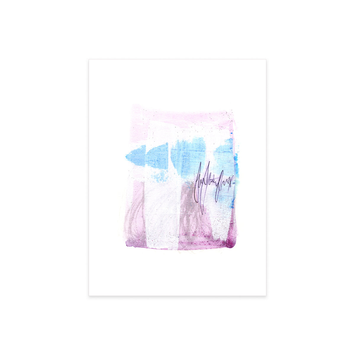 A high-resolution product shot of Painting 122 by Christopher Reilly on white watercolor paper, highlighting the fine texture of the pink and lavender acrylic backdrop, the stenciled blue triangles, and the fluid ink scribble details.